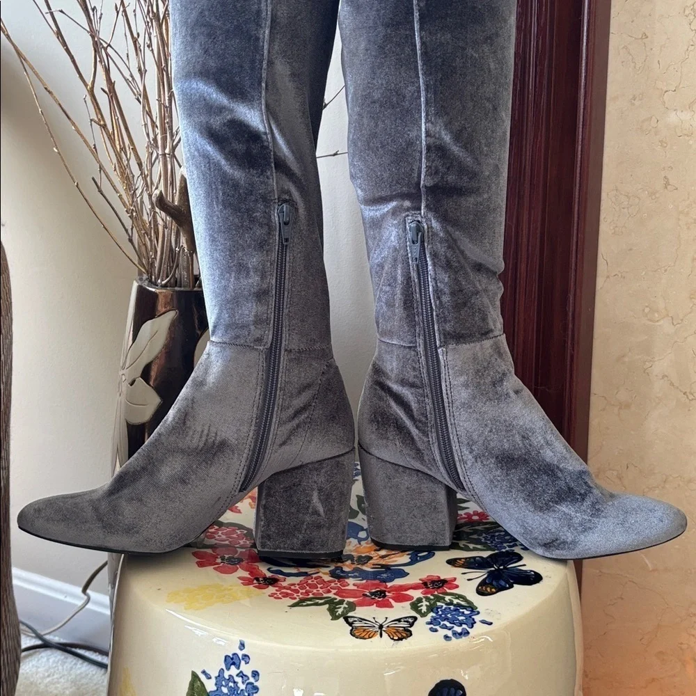 ALDO Belinna Over the Knee Gray Velvet Stretch Boots Block Heel Thigh High Party